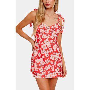Hausen Hope Mini Dress Red White Floral Tie Strap Sundress Large